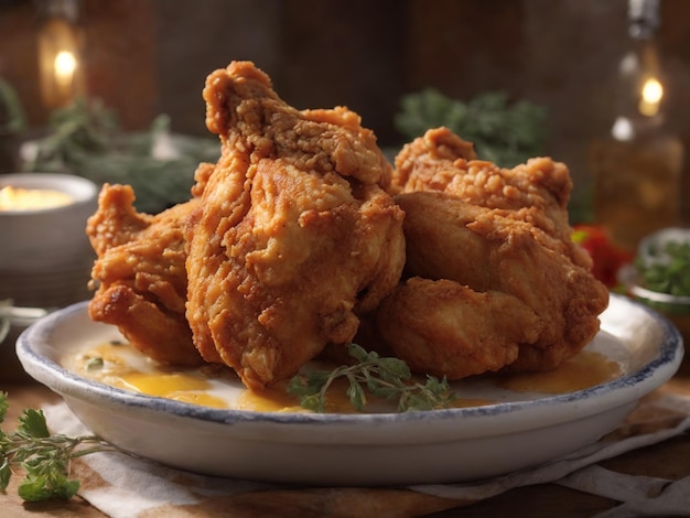 a plate of fried chicken with a bunch of green herbs.