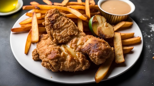 A plate of fried chicken with fries and a side of sauce.