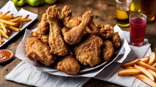 Photo a plate of fried chicken with a glass of apple juice on the side