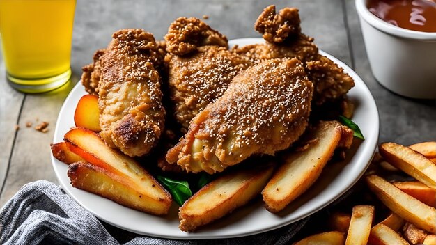 Photo a plate of fried chicken with lime wedges and a fork next to it.