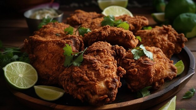A plate of fried chicken with limes and limes