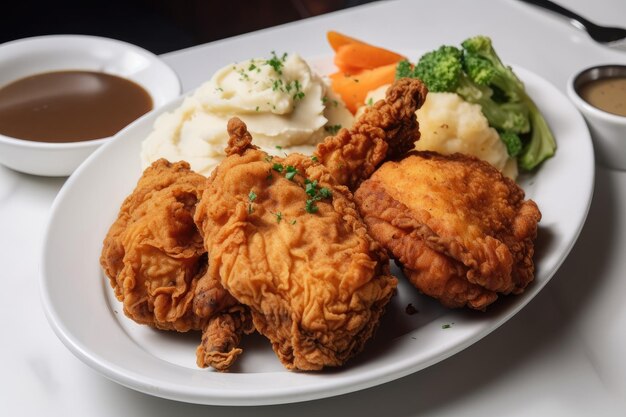 Plate of fried chicken with mashed potatoes gravy and vegetables created with generative ai