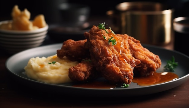 A plate of fried chicken with mashed potatoes and parsley on the side.