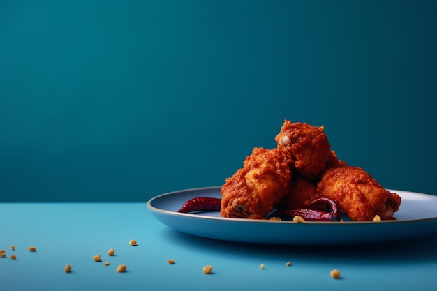 A plate of fried chicken with red peppers on it