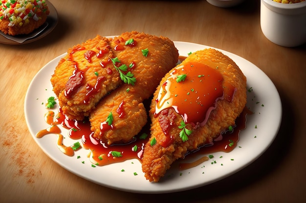 A plate of fried chicken with a red sauce on it