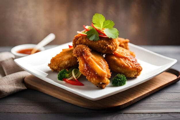 A plate of fried chicken with a side of broccoli and red chili peppers.