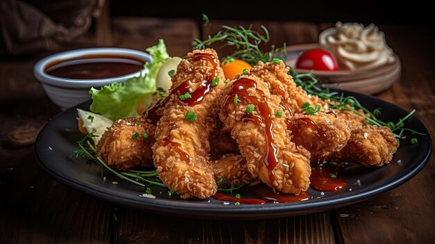 A plate of fried chicken with a side of salad and sauce