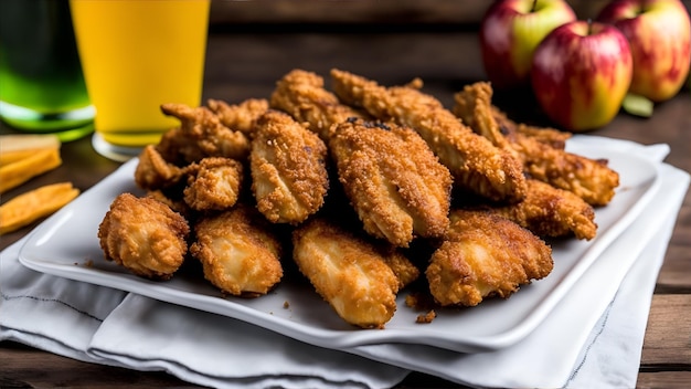 A plate of fried chicken with a yellow cup of apple on the side