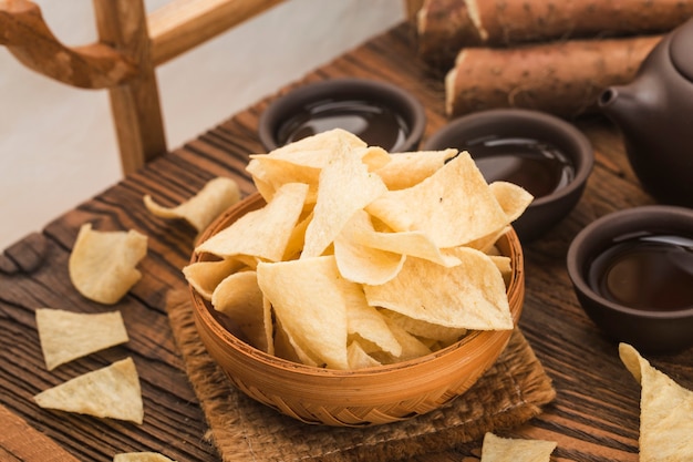 A plate of fried crispy yam slices,