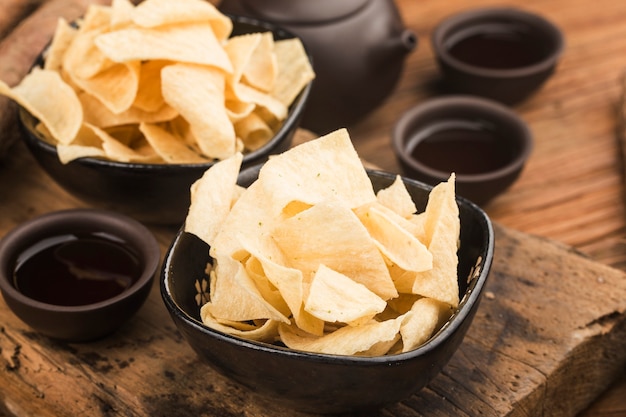 A plate of fried crispy yam slices,