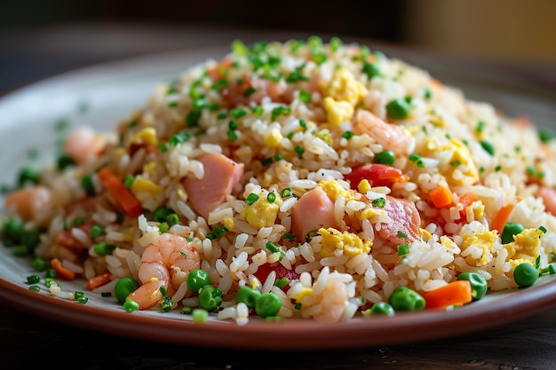 A plate of fried rice a dish of cooked rice that has been stirfried in a wok or a frying pan and is usually mixed with other ingredients such as eggs vegetables and meat