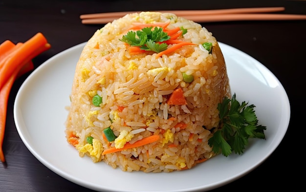 A plate of fried rice with carrots, egg, and green vegetables.