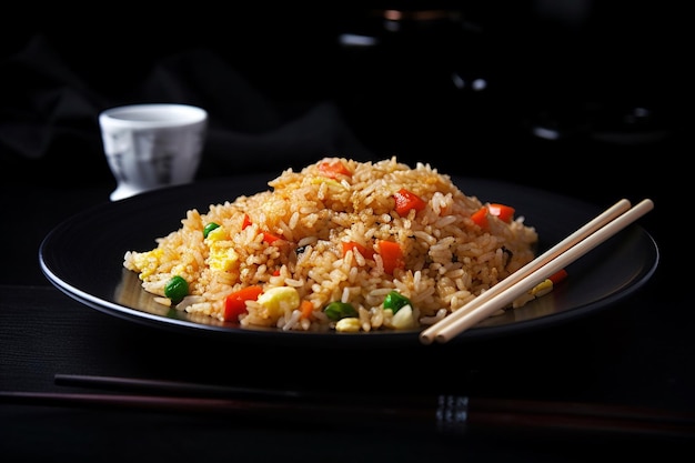 A plate of fried rice with chopsticks on it and a cup of ramen behind it.