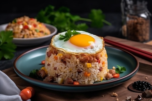 A plate of fried rice with a fried egg on it.