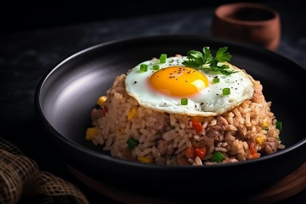 A plate of fried rice with a fried egg on top