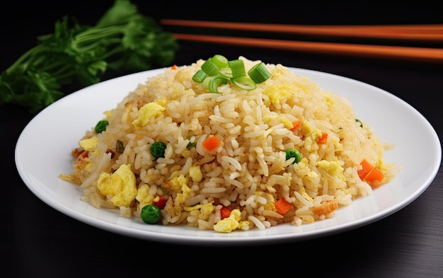 A plate of fried rice with a green onion on top.