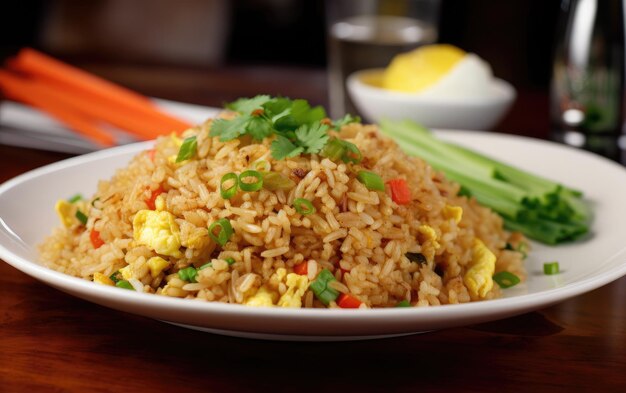 A plate of fried rice with a pile of green vegetables on the side.