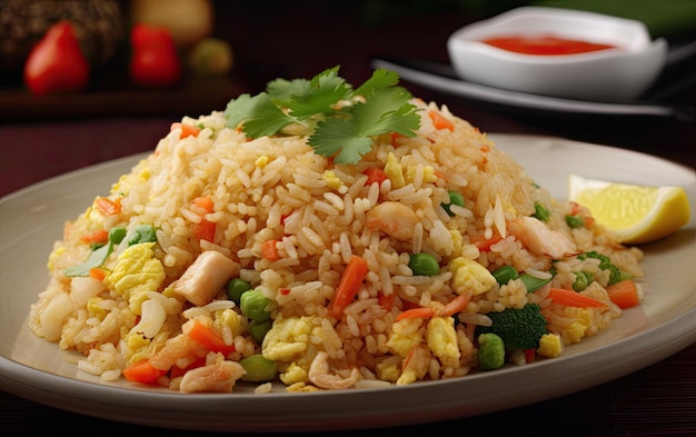 A plate of fried rice with a red sauce in the background.