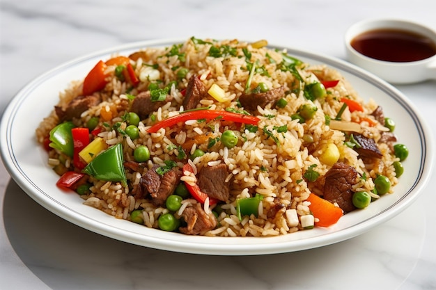 A plate of fried rice with vegetables and meat.