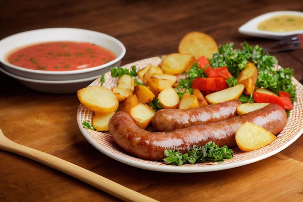 Plate of fried sausages and potato wedges with vegetable salad on a wooden table 3d illustration