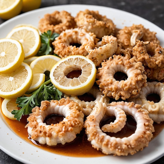 a plate of fried shrimp with lemon and parise