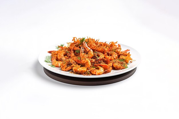 A plate of fried shrimps with spices isolated on white background