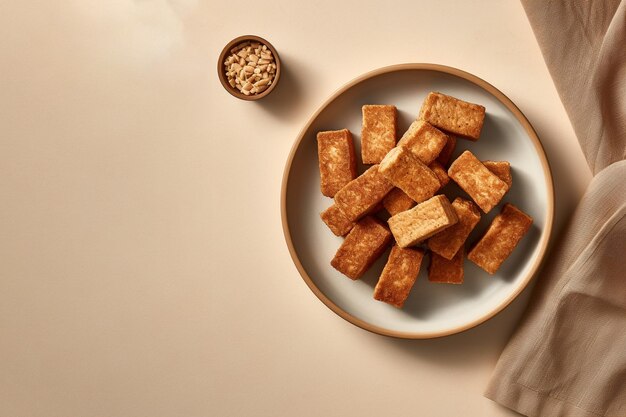 A plate of fried tofu on a solid background Generative AI