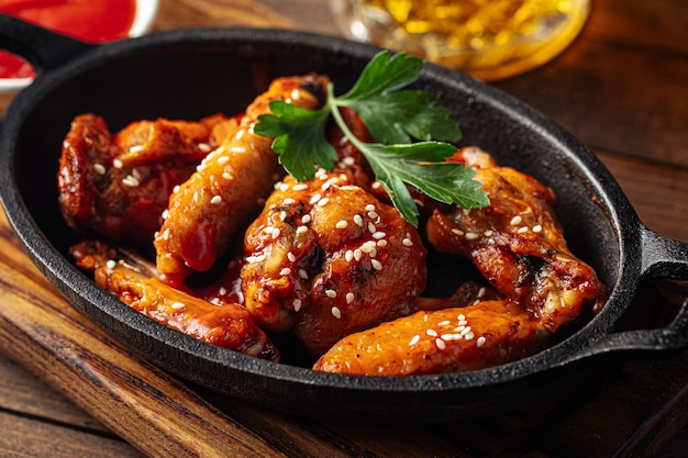 Plate of fried wings in teriyaki sauce