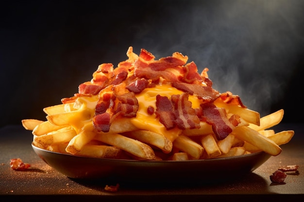 A plate of fries with bacon and cheese on top