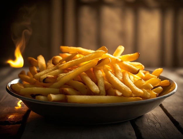 A plate of fries with a burning candle on the table