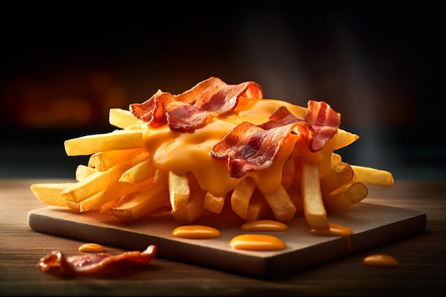 A plate of fries with cheese and bacon on top.