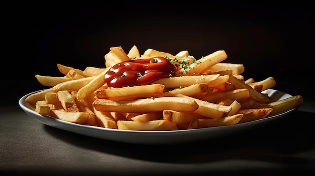 A plate of fries with ketchup on it