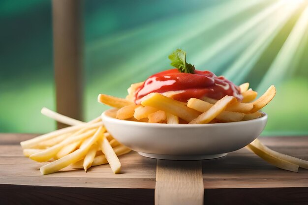 A plate of fries with ketchup and ketchup on a table