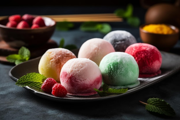 A plate of frozen ice creams with mint leaves on the side.