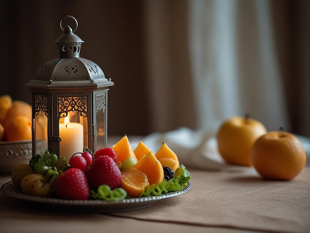 a plate of fruit and a candle with a candle in the middle