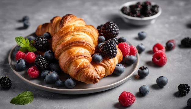 Photo a plate of fruit and a croissant