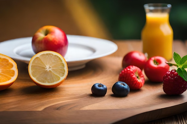 a plate of fruit and a glass of juice with a strawberry and blueberries on it.