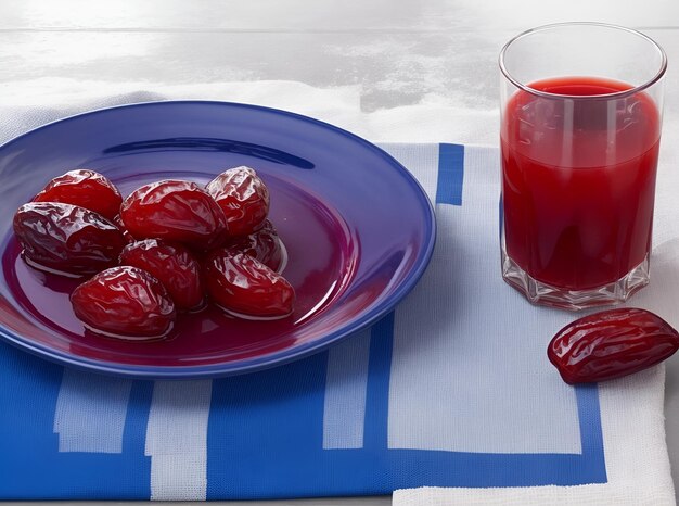 a plate of fruit next to a glass of juice