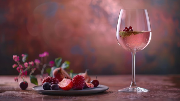 Plate of fruit and glass of wine