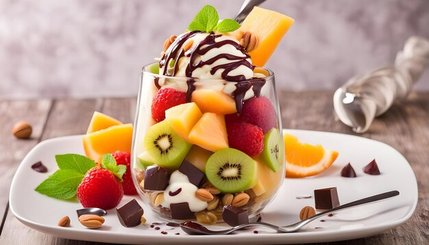 Photo a plate of fruit and ice cream with a spoon in it