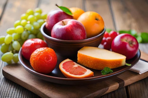 a plate of fruit including grapes, grapefruit, and grapefruit.