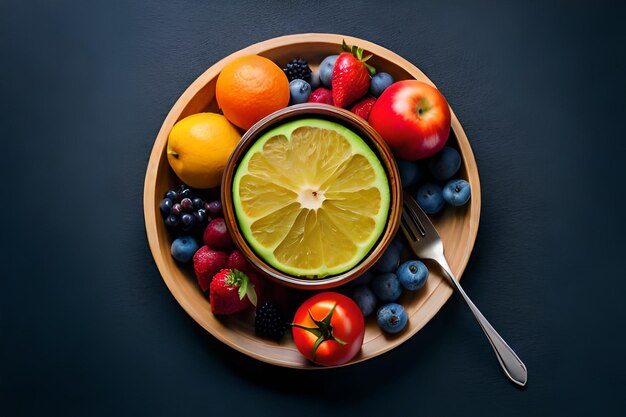 A plate of fruit including a lemon and a lemon