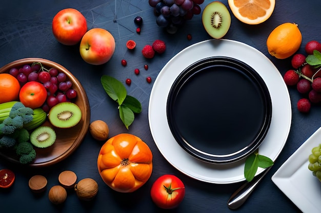 A plate of fruit and nuts with a bowl of syrup on it