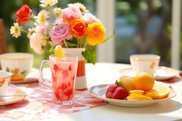 A plate of fruit and a pitcher of juice on a table.