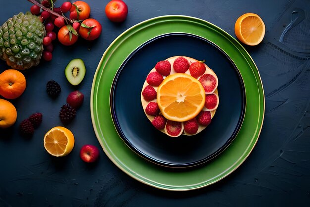 Photo a plate of fruit and a plate with a lemon on it