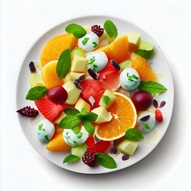 A plate of fruit salad with a green leaf on top.