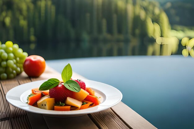 Photo a plate of fruit salad with a lake in the background