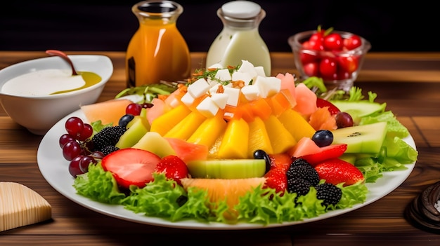 A plate of fruit and salad with a salad on it