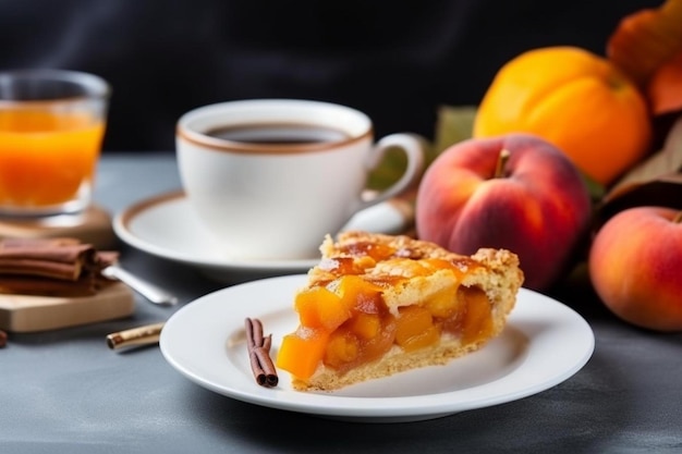 Photo a plate of fruit sits next to a plate of fruit and a cup of coffee