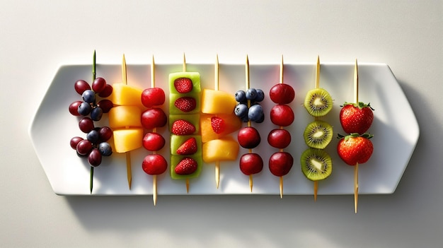 A plate of fruit skewers with the word fruit on them